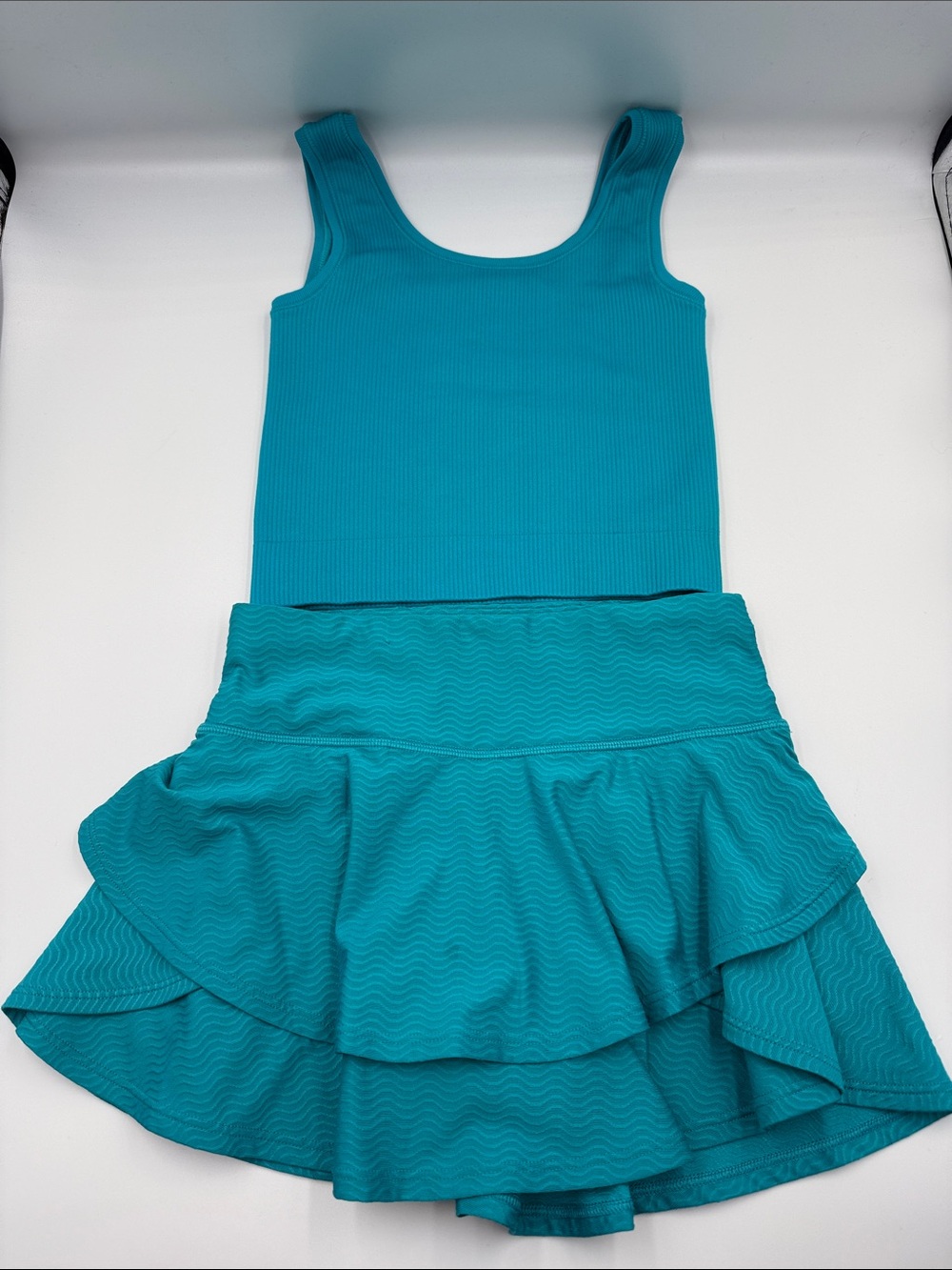 Athleta Girls Teal Ribbed Tank & Ruffle Skirt Set
